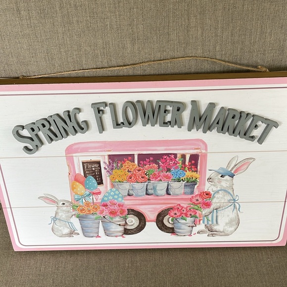 Wooden accent plaque Spring Flower Market with bunnies/rabbits new - Picture 2 of 4